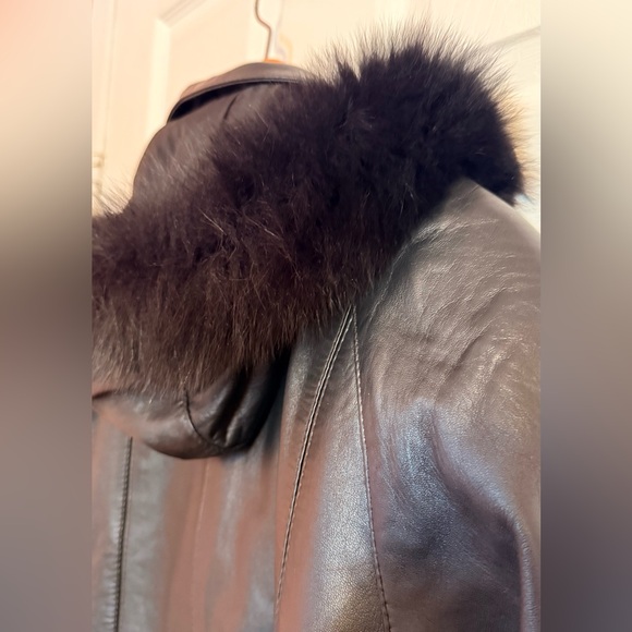 Women's Black Leather Hooded Jacket with Fur Trim - Genuine Leather - Picture 7 of 13